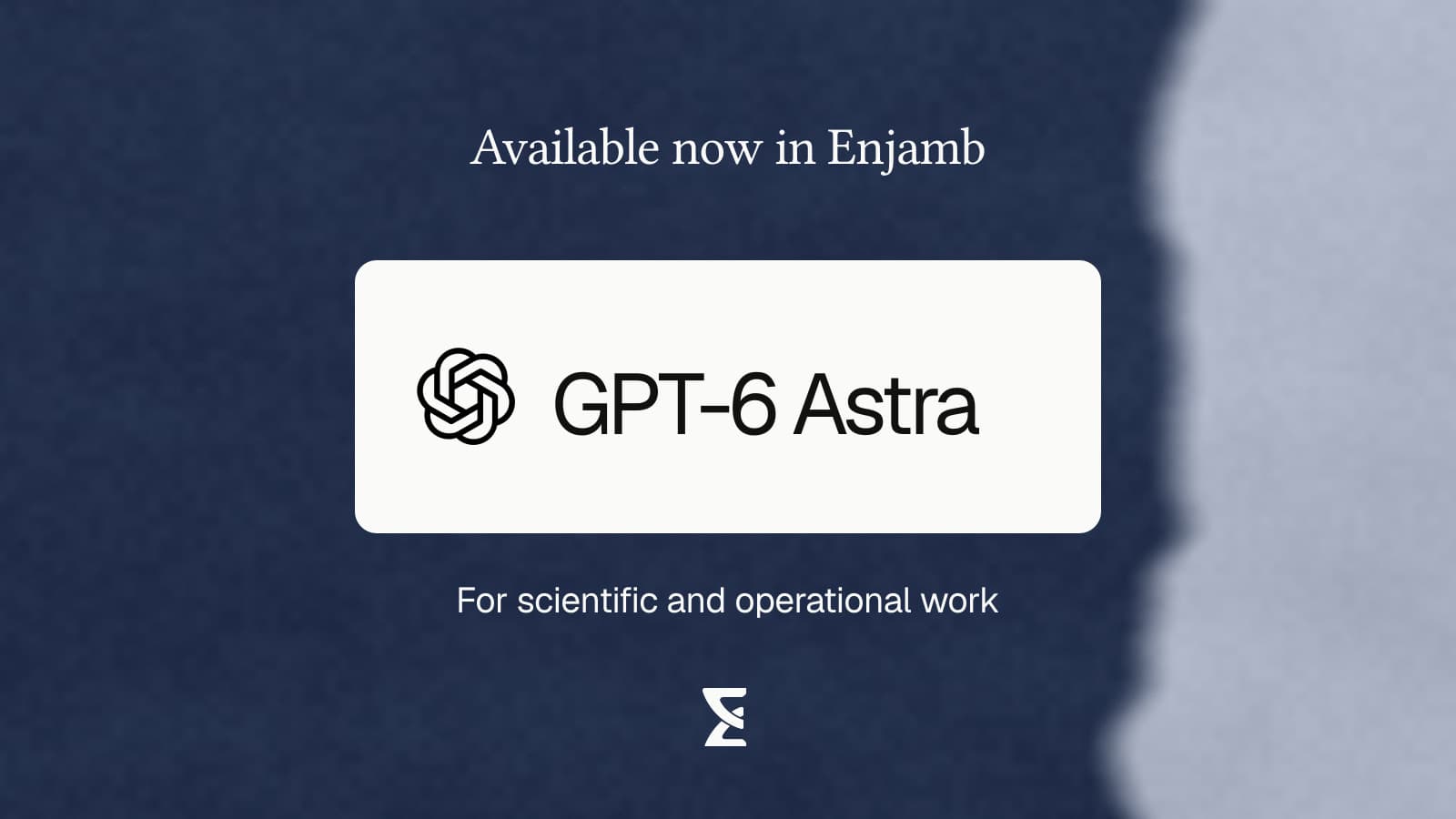 GPT-6 Astra, available now in Enjamb, with the OpenAI and Enjamb marks on a textured blue background.