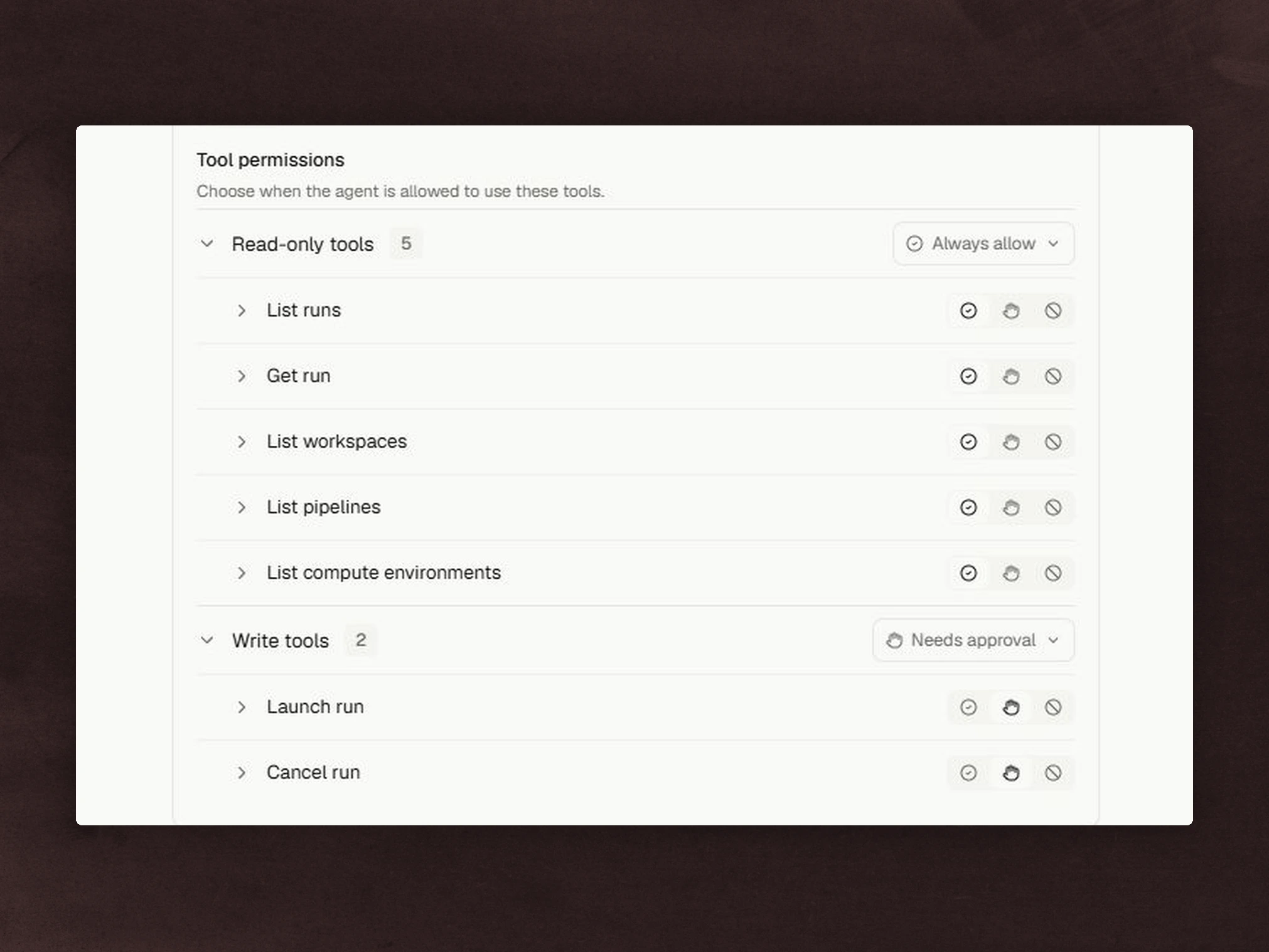 Enjamb tool permissions showing read-only actions that are always allowed and write actions that require approval