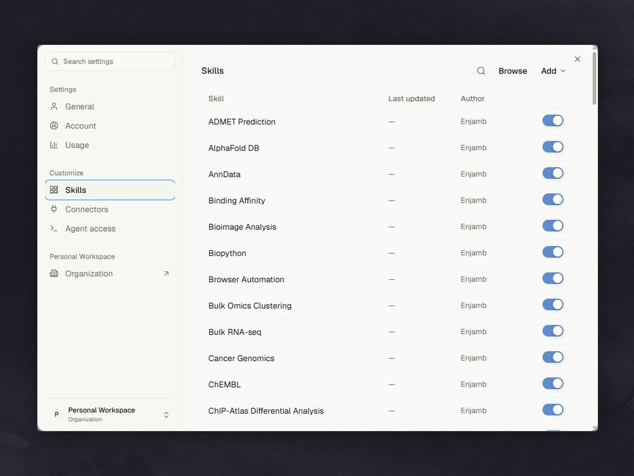 Enjamb Skills settings showing enabled scientific and research skills authored by Enjamb