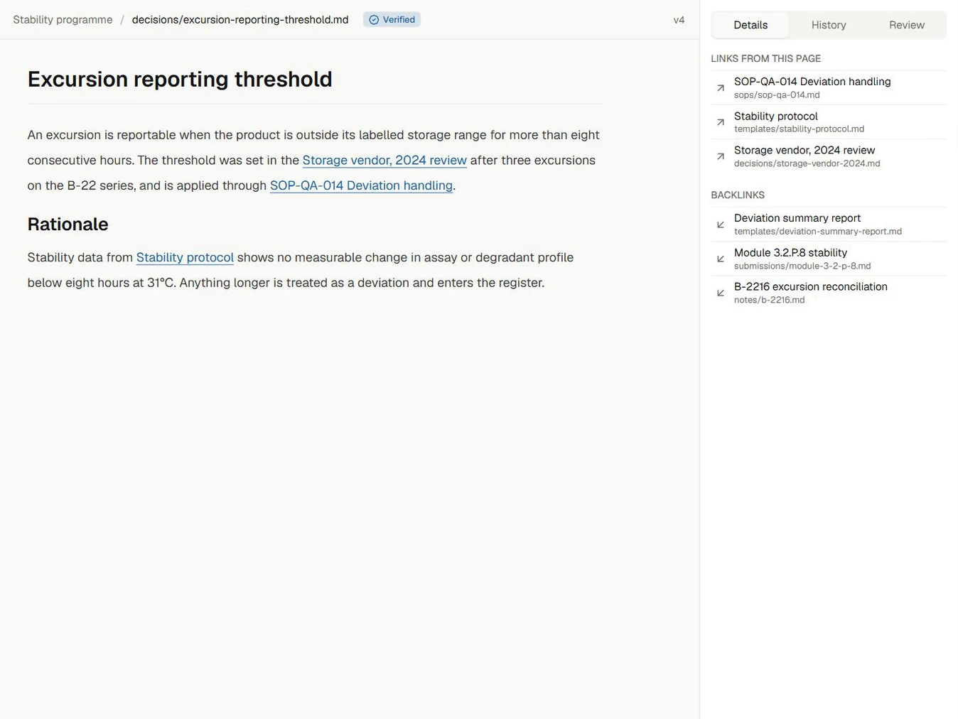 Enjamb decision page preserving the reporting threshold, rationale, source links, backlinks, review state, and version