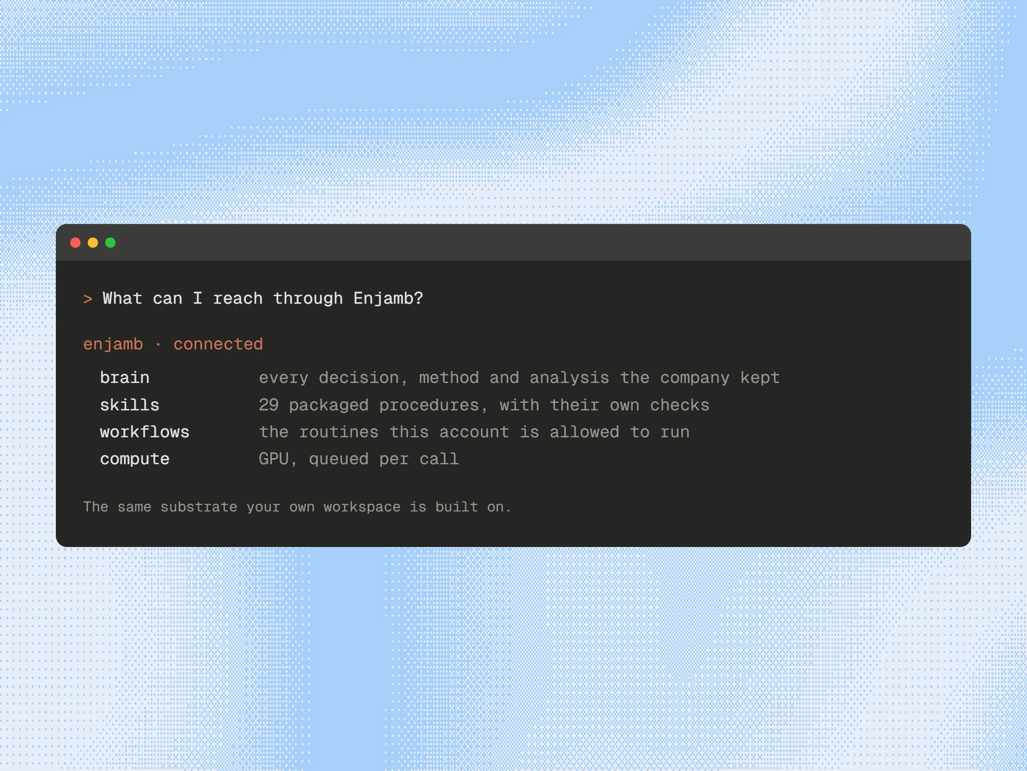 A connected agent listing what Enjamb exposes: the company brain, twenty-nine skills, the routines the account can run, and GPU compute.